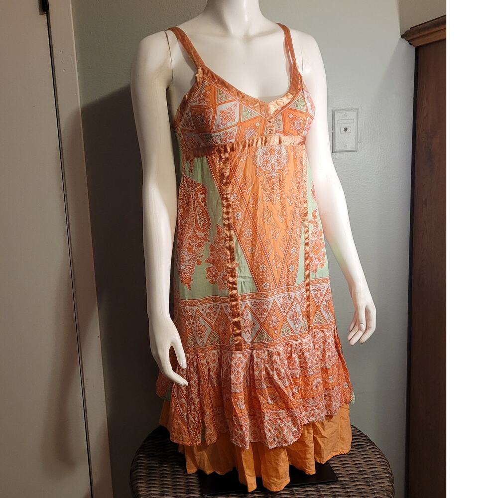 Chaudry Patchwork Midi Dress Small Boho Festival Flowy Ruffle Hem Orange - Picture 3 of 13
